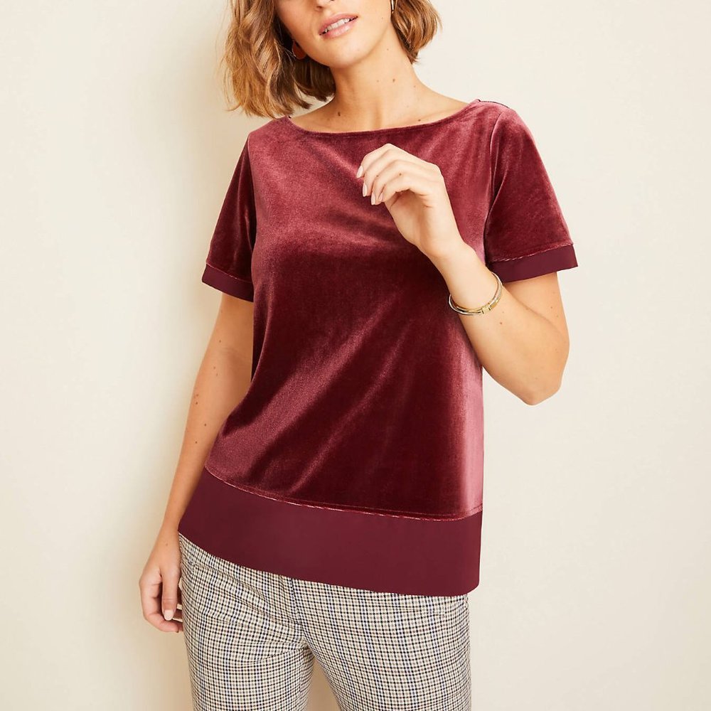 Ann Taylor Velvet Jewel Neck Top Burgundy Sz S M NWT